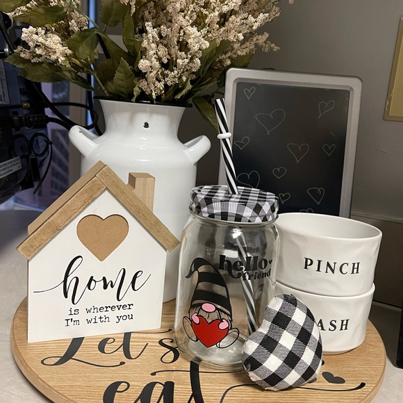 Mason jar with gingham lid and straw.  Gnome ~Hello friend. ❤️ - Picture 3 of 3